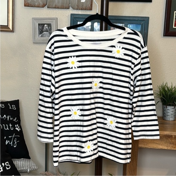 Talbots | Daisy Stripe Drop Shoulder Crewneck Tee in White Blue Size L Large - Picture 2 of 10